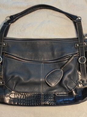 Vintage FURLA Dark Navy Blue Pebbled Leather Shoulder Bag Tote Croc
